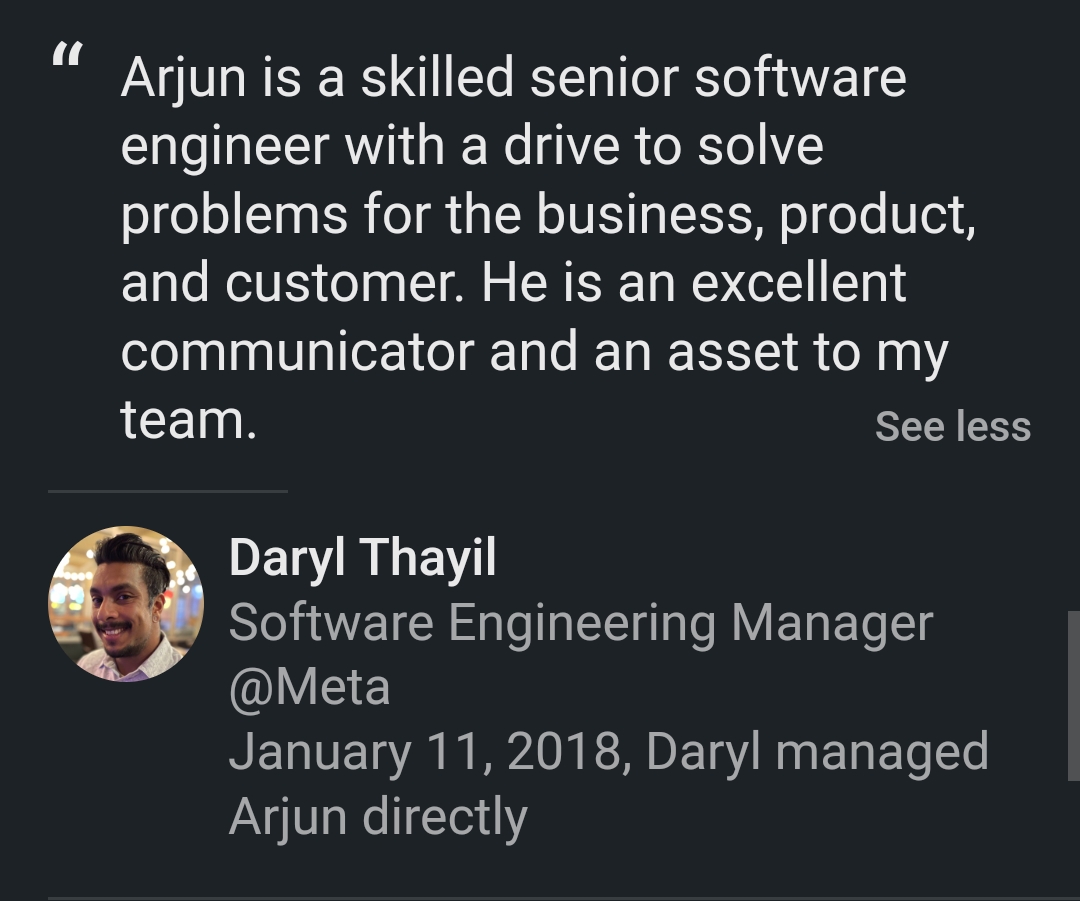 LinkedIn recommendation for Arjun Thakur