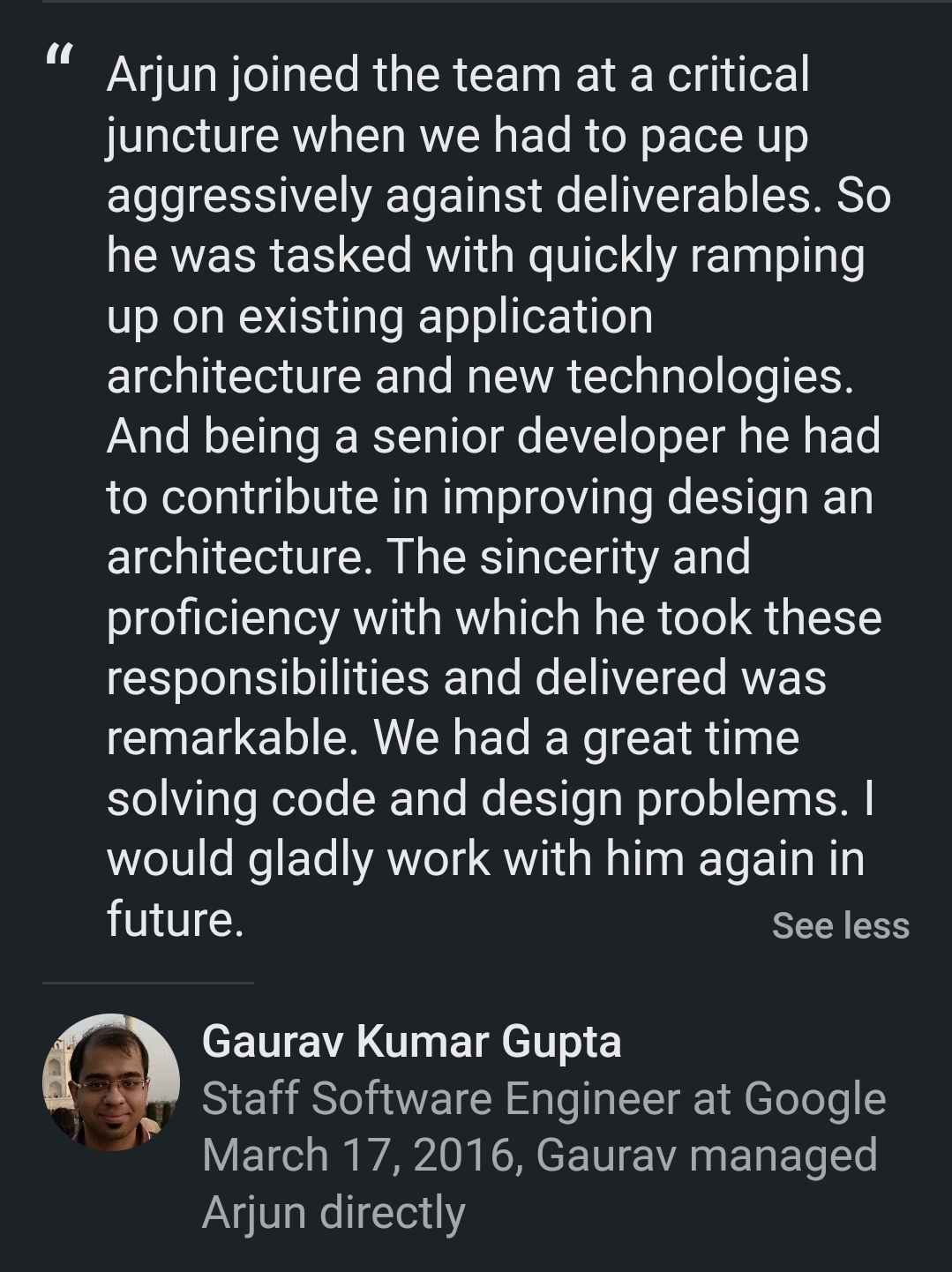 LinkedIn recommendation for Arjun Thakur