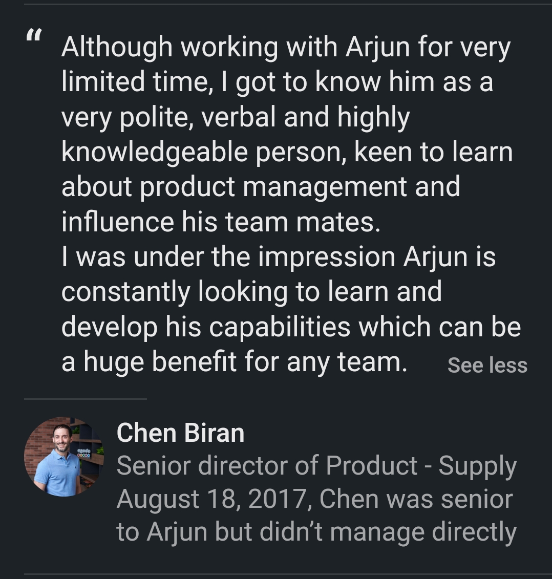 LinkedIn recommendation for Arjun Thakur