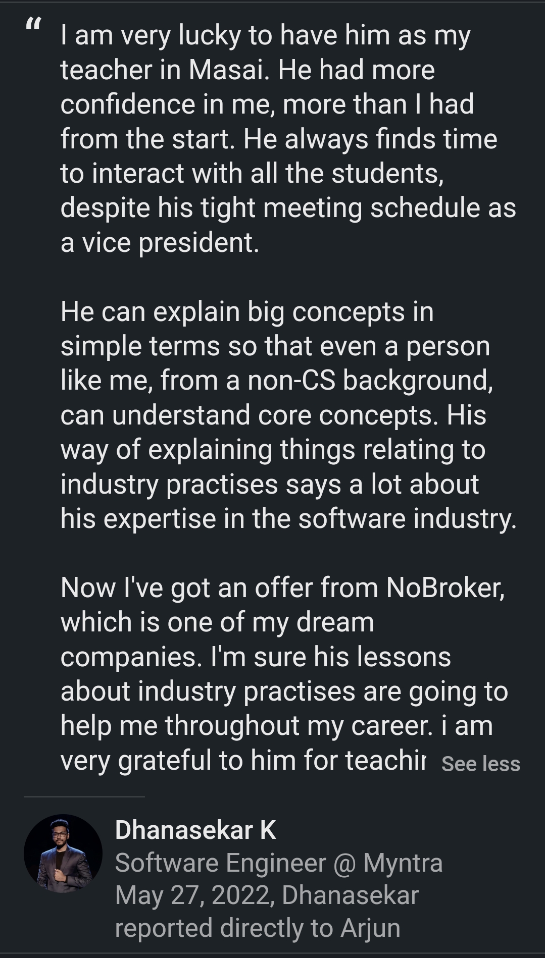 LinkedIn recommendation for Arjun Thakur