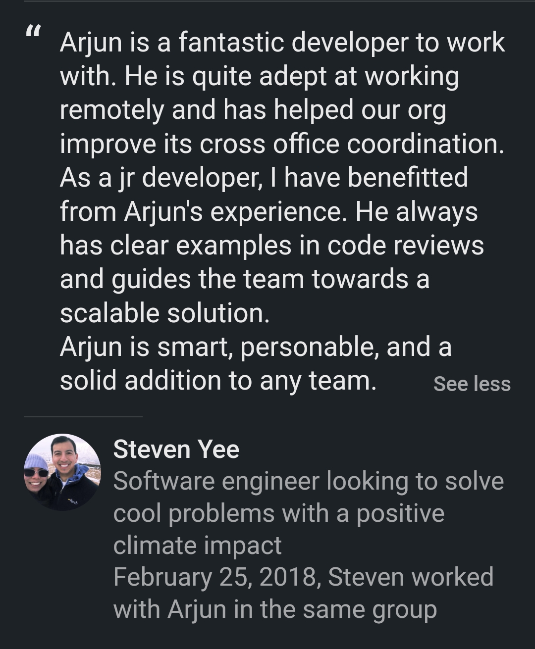 LinkedIn recommendation for Arjun Thakur